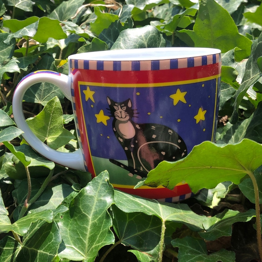 Whimsical Black Cat Ceramic Mug - Multicolor